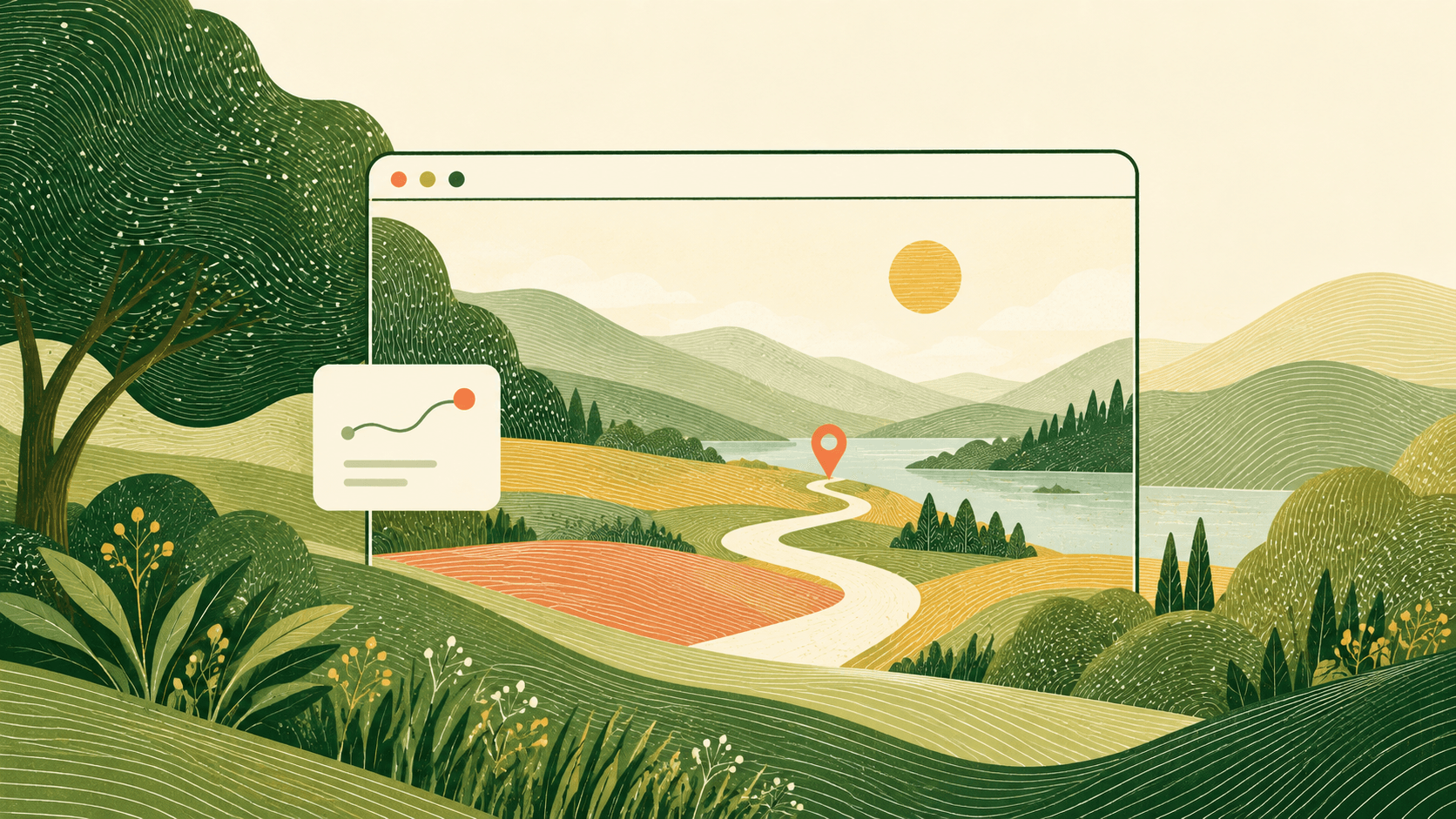 An illustrated browser opens onto a landscape with a winding path, location pin and interactive data card.