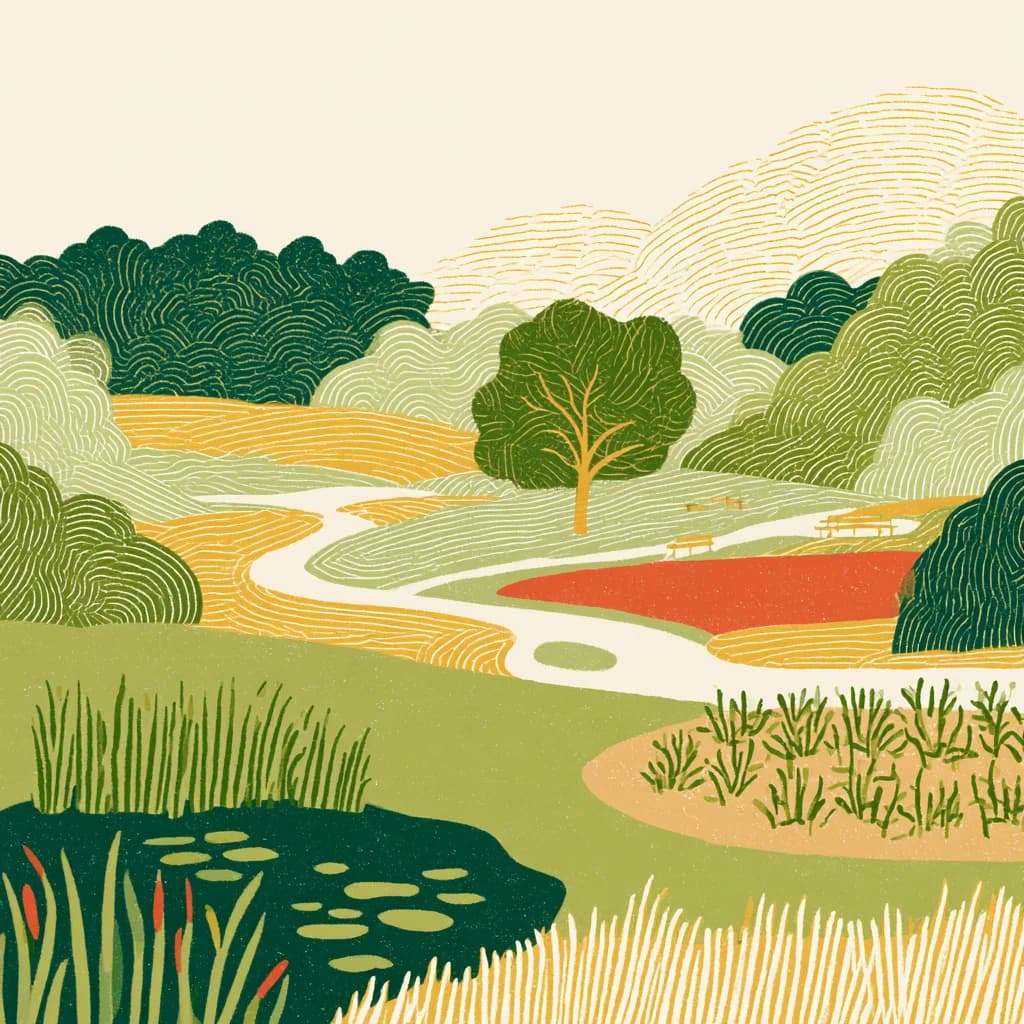 Illustrated garden with a pond, winding paths, planting beds and places to stop.