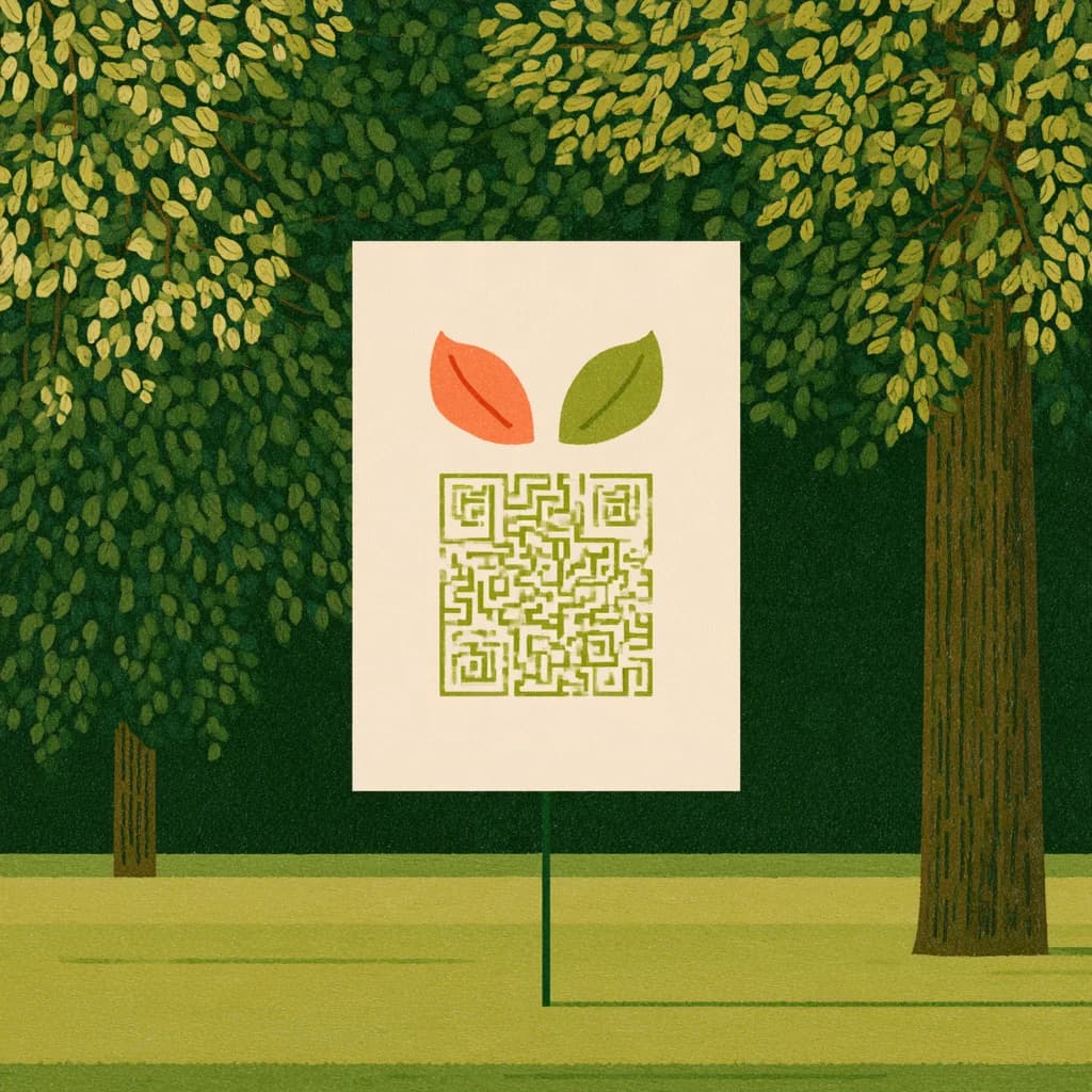 Illustrative visitor sign beneath trees, showing how a QR marker could connect to a guide.