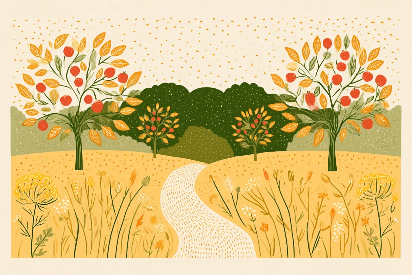 Autumn orchard illustration with golden leaves and a curving path.