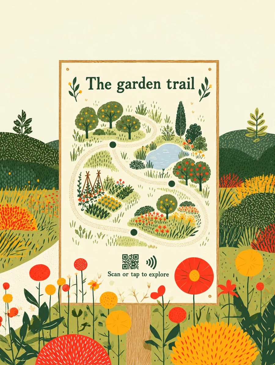 Illustrated garden trail sign with a winding route, pond, orchard and scan or tap access.