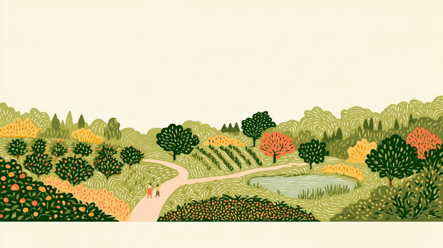 Illustrated garden with a sweeping path, colorful planting and two visitors exploring.