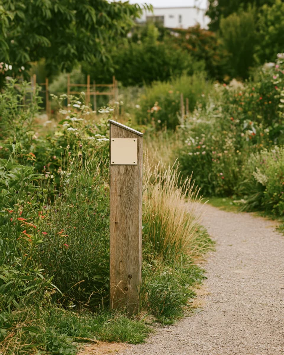 Timber NFC visitor post beside a garden path.